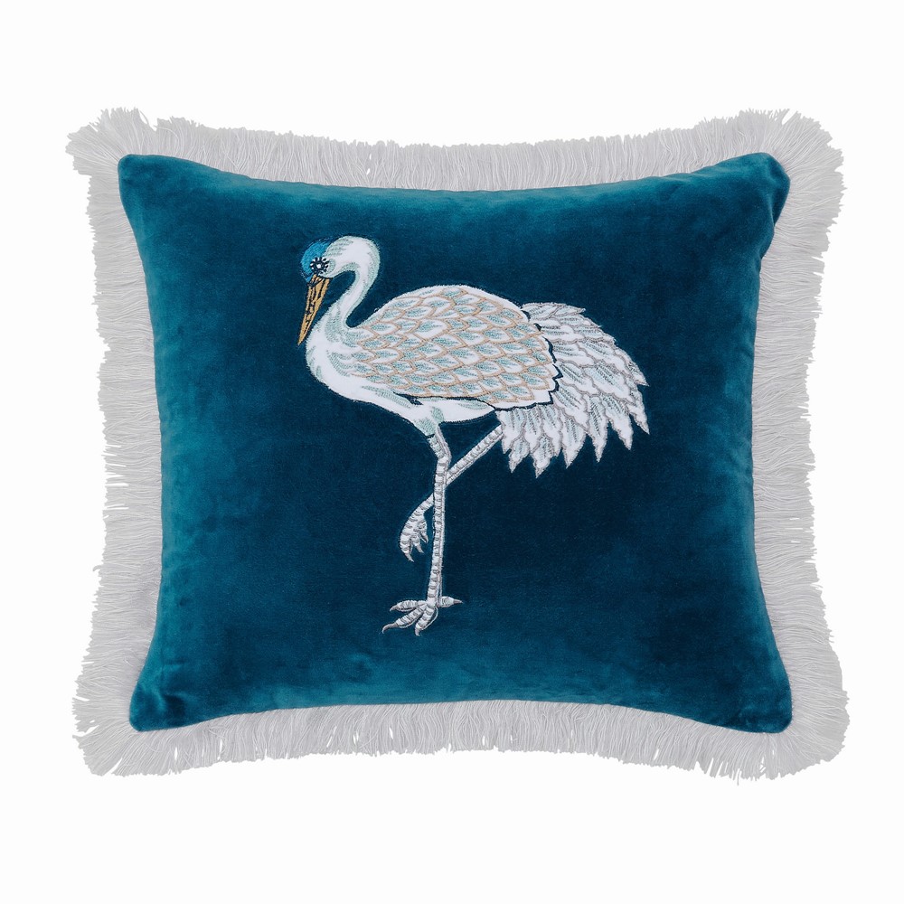 Crane And Frog Velvet Cushion by Sanderson in Navy Blue